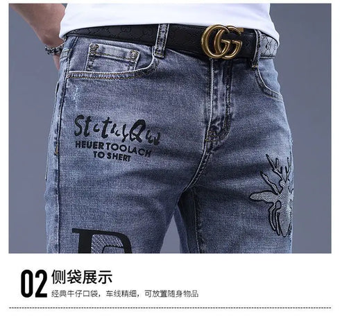 Slim Fit Korean Streetwear Graphical Printed Luxury Hip-Hop Stretch Denim Jeans for Men - Perfect Medium Wash Jeans Outfit